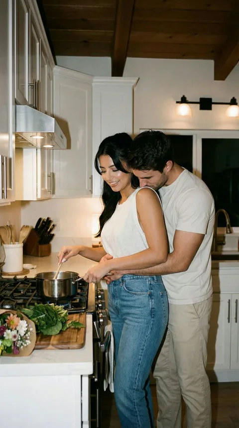 Illustrative adult couple cooking together